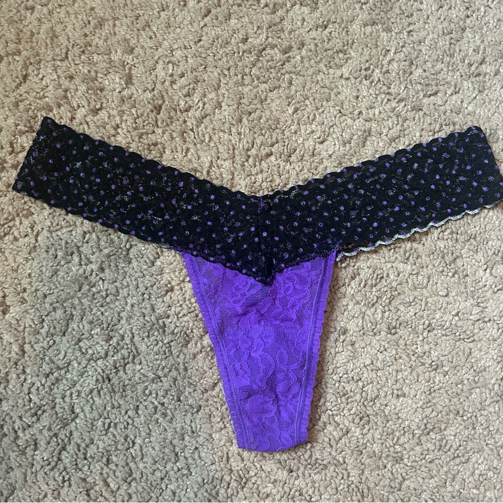 Victoria's Secret Purple The Lacie Lace Thong with Black Polka Dot Waistband